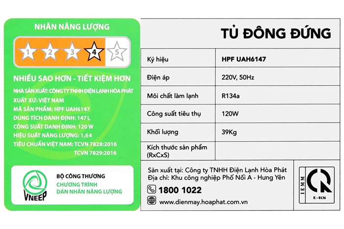 Tủ đông đứng Hòa Phát 147 Lít HPF UAH6147